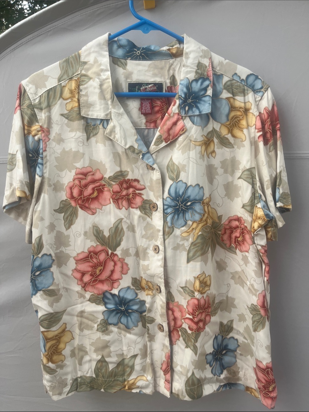 Floral Cream Short-Sleeve Button-Down Shirt with Blue, Pink & Gold Blooms